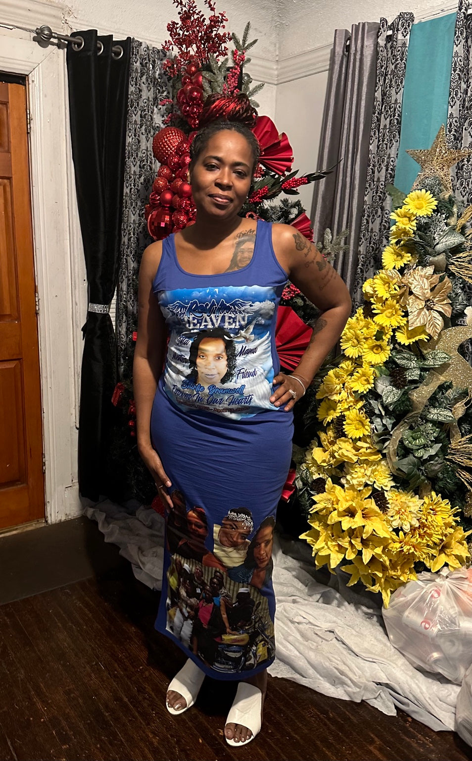 Blue custom memorial dress back by Gleesh Unlimited