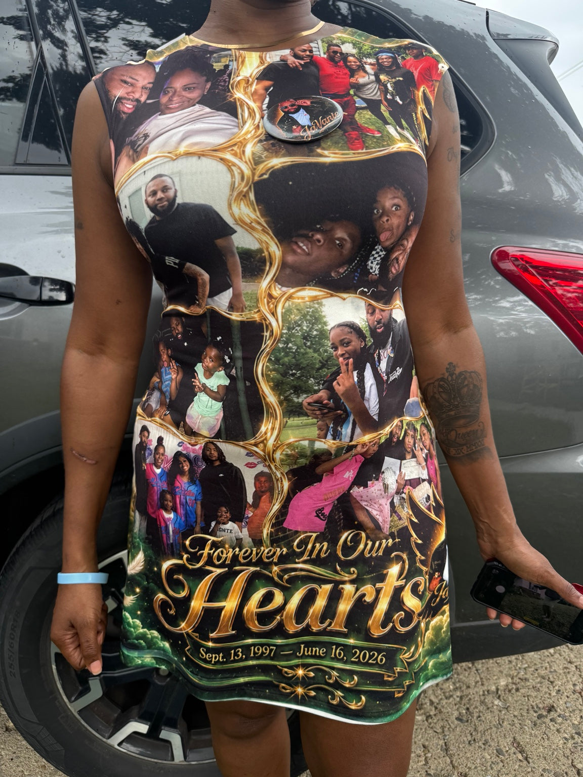 Custom full-print memorial dress made by Gleesh Unlimited