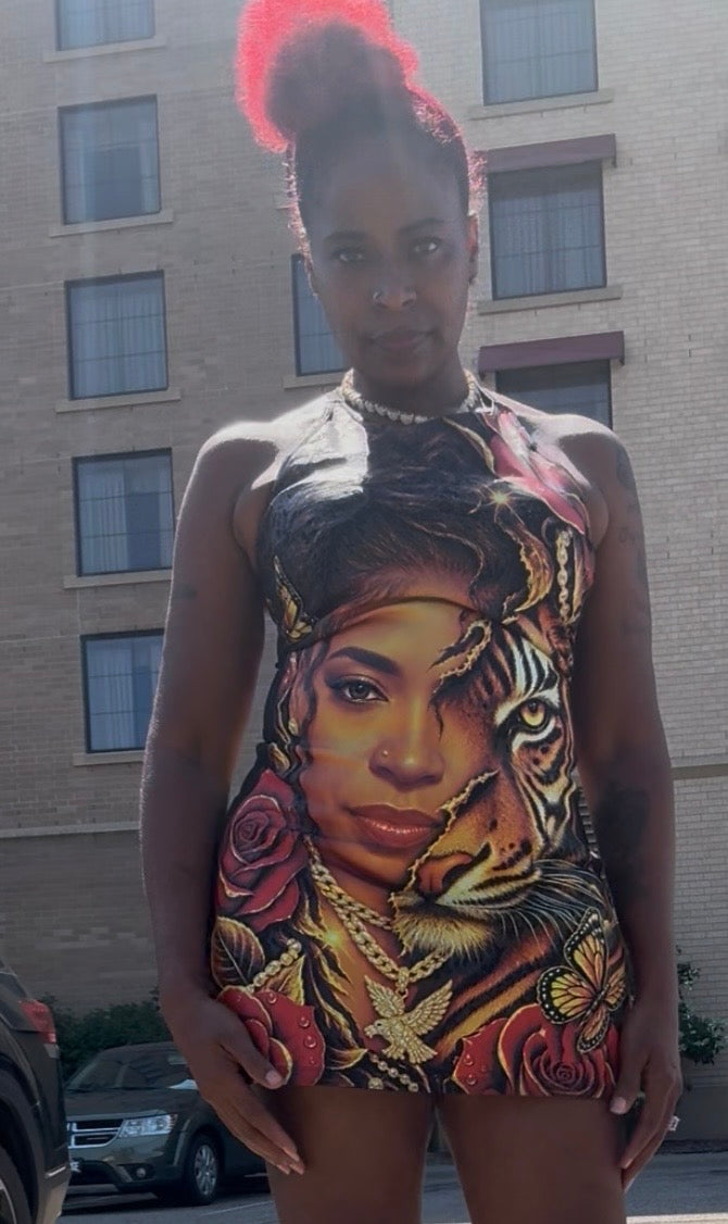 Finished custom DTF dress worn by Gleesh Unlimited designer