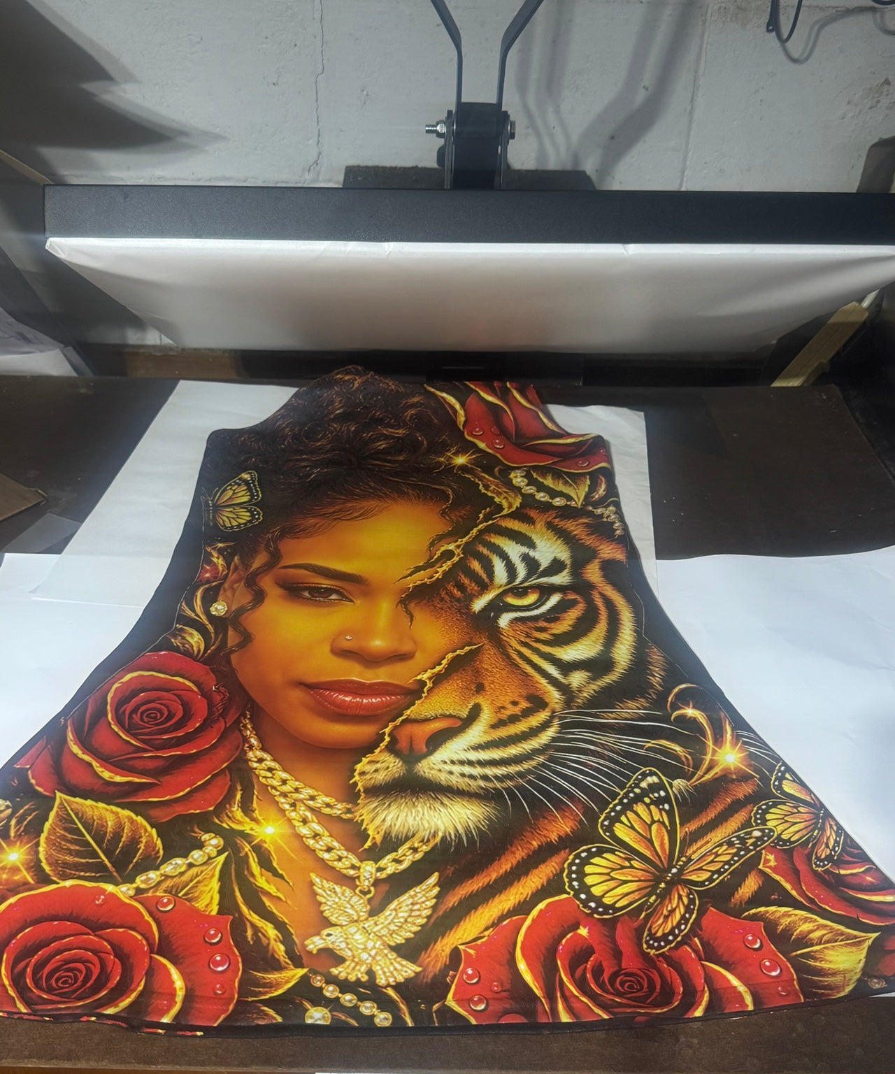 Custom DTF dress being pressed in-house by Gleesh Unlimited