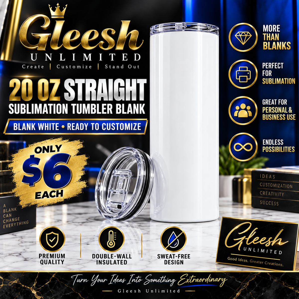GLEESH Unlimited 20 oz straight sublimation tumbler blank - $6