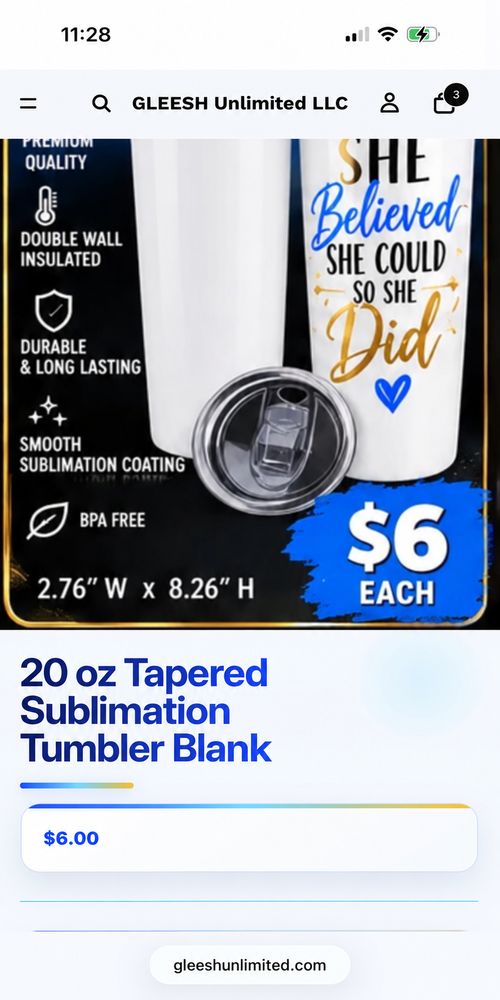 GLEESH Unlimited 20 oz tapered sublimation tumbler blank - $6 each