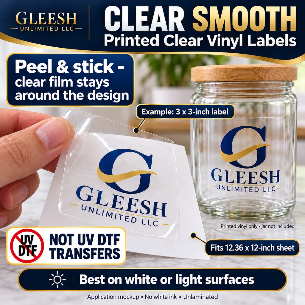 Printed clear adhesive vinyl label peeling as a whole square from white backing, with visible clear film around flat printed artwork. Not UV DTF. A 3 by 3-inch label fits a 12.36 by 12-inch sheet.