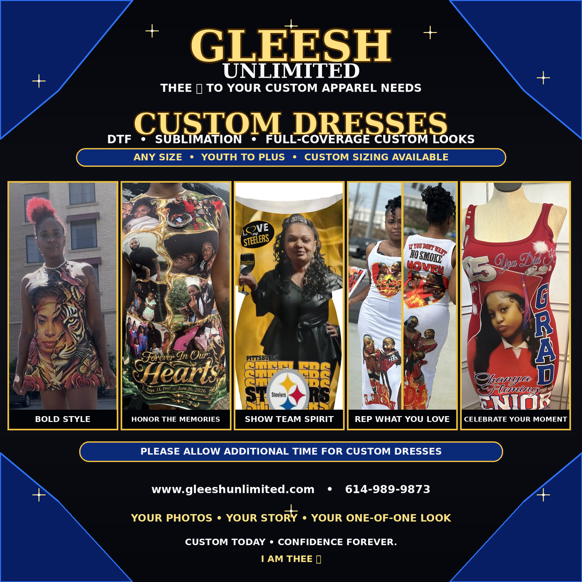 Gleesh Unlimited Custom Dresses showcase using original dress photos