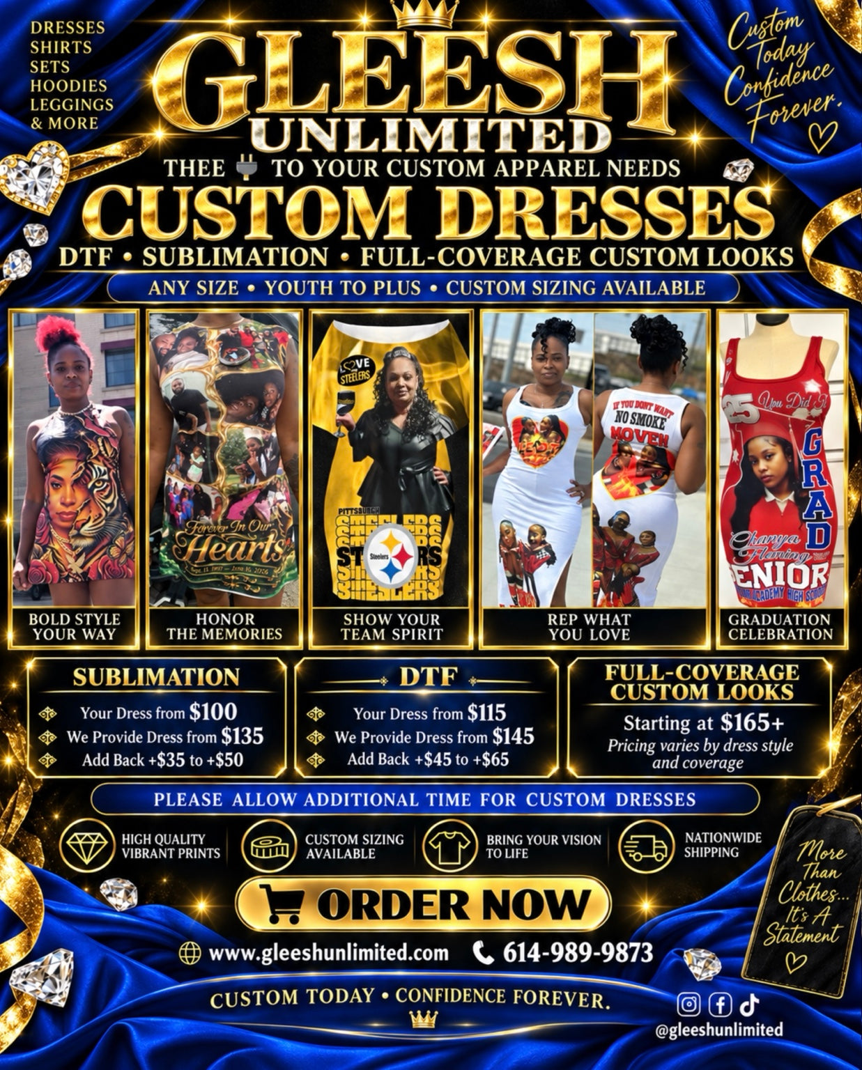 Gleesh Unlimited Custom Dresses pricing and examples flyer