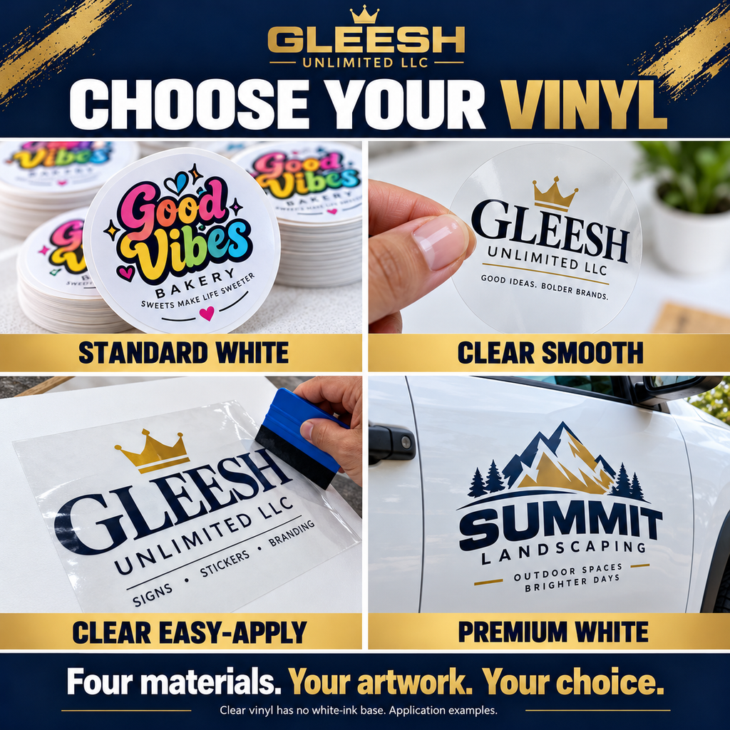 Four vinyl choices: Standard White, Clear Smooth, Clear Easy-Apply for boards and displays, and Premium White for vehicle decals. Clear vinyl has no white ink base.