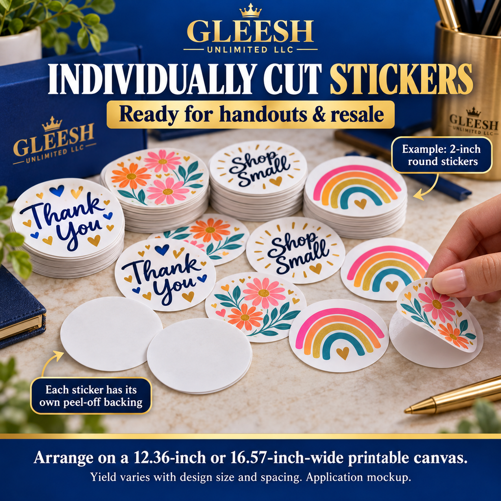 Individually cut 2-inch round sticker examples, each supplied separately with its own peel-off backing, for handouts and resale. Canvas widths 12.36 and 16.57 inches; yield varies.