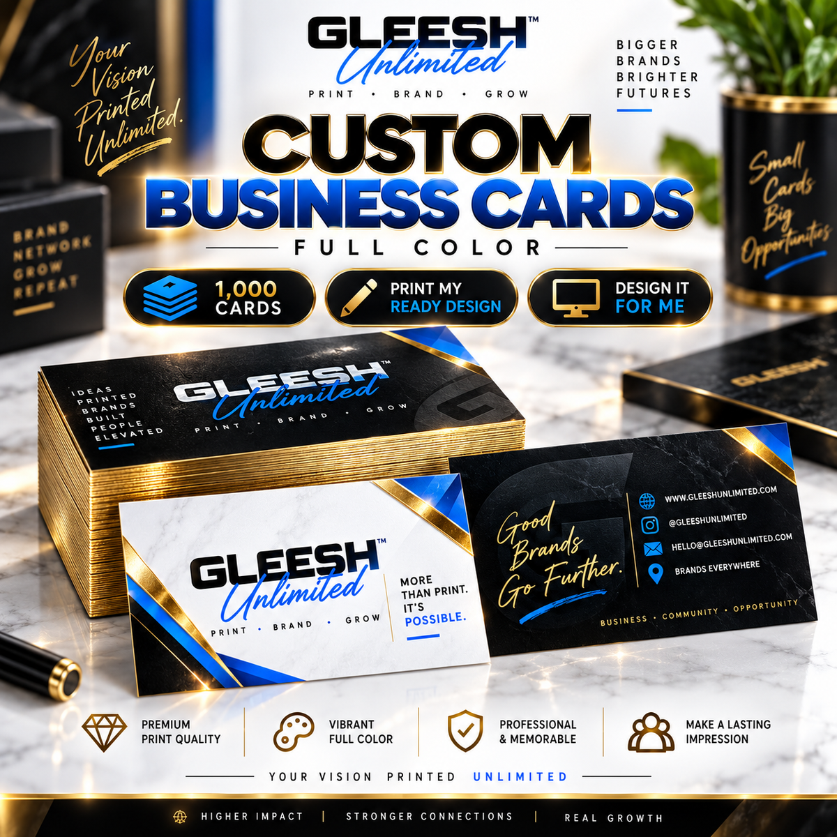 GLEESH Unlimited custom business cards full color premium mockup
