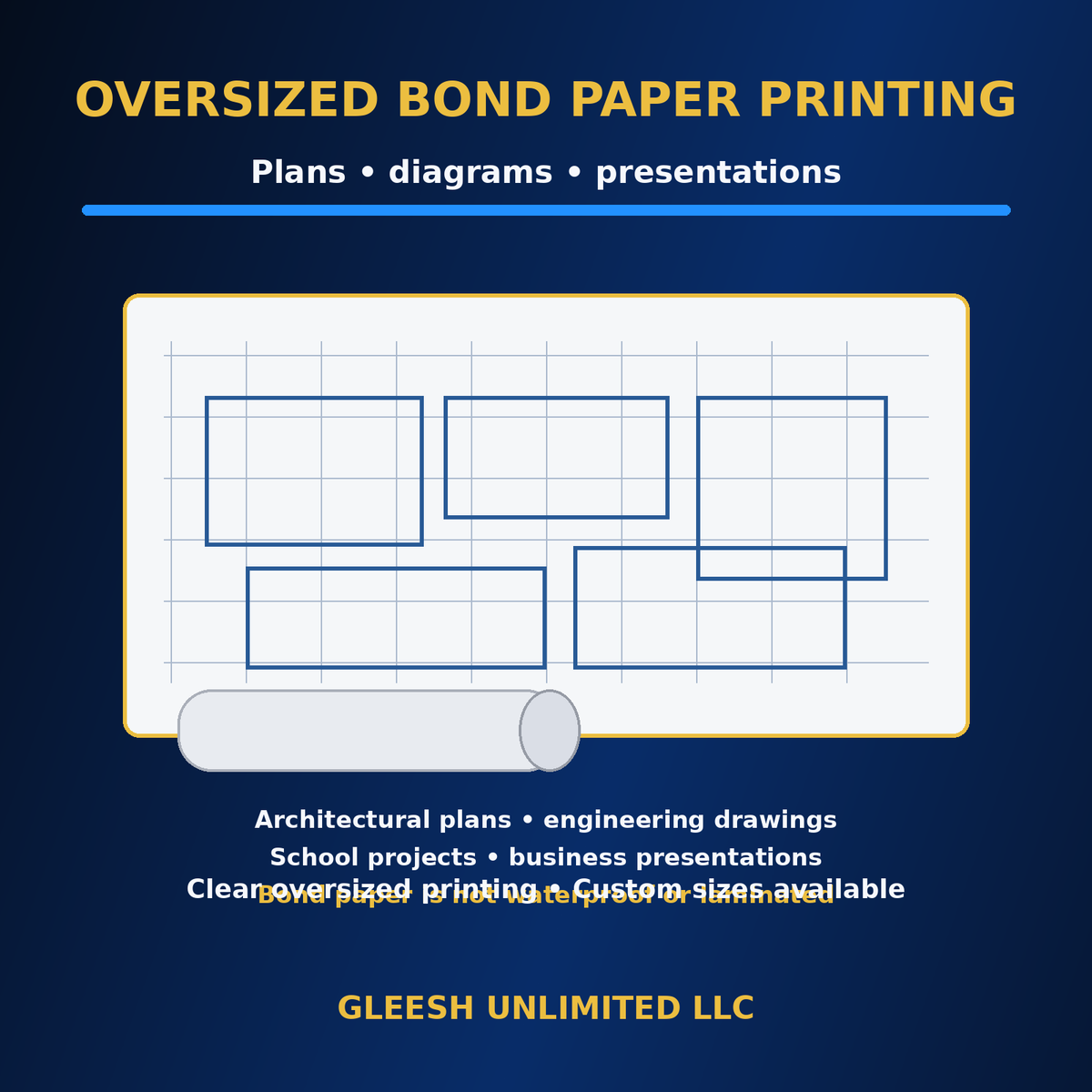 GLEESH Unlimited oversized bond paper printing service image with no people
