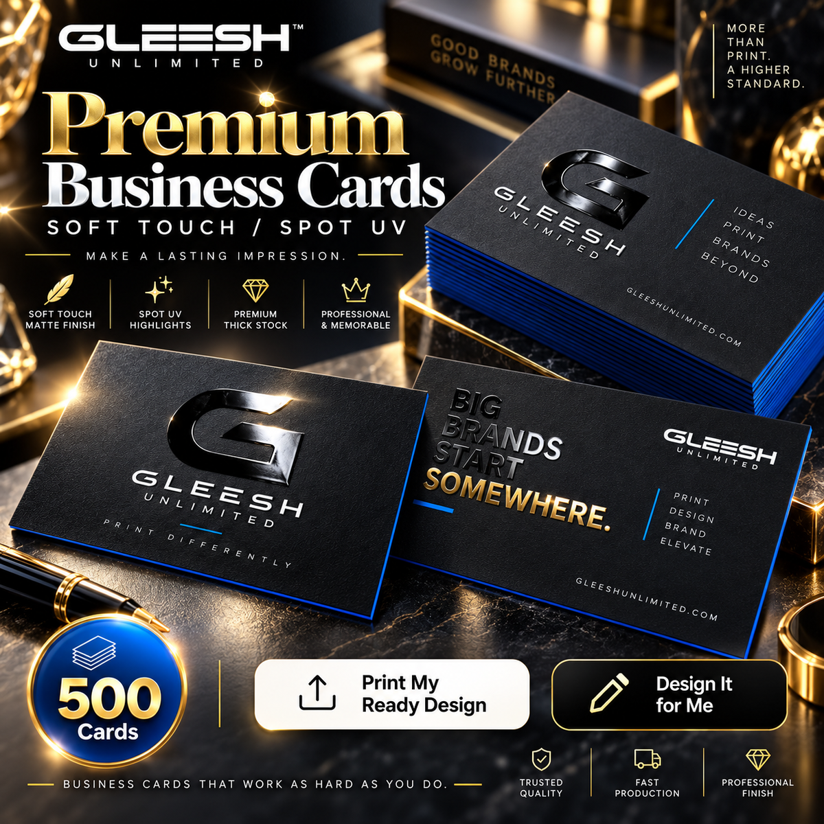 GLEESH Unlimited premium business cards soft touch and spot UV mockup