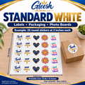 Example layout: 25 round 2-inch printed vinyl stickers in five rows of five within a 12.36 by 12-inch printable area. Blue-and-gold and colorful designs, with matching package label. Quantity varies with design size and spacing; packaging excluded.
