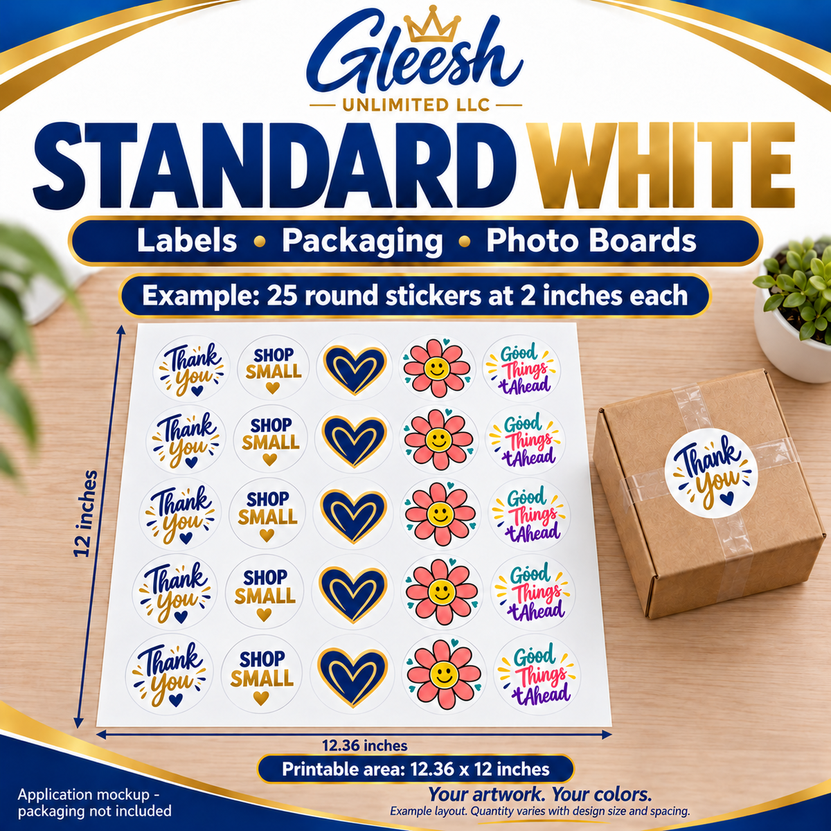 Example layout: 25 round 2-inch printed vinyl stickers in five rows of five within a 12.36 by 12-inch printable area. Blue-and-gold and colorful designs, with matching package label. Quantity varies with design size and spacing; packaging excluded.