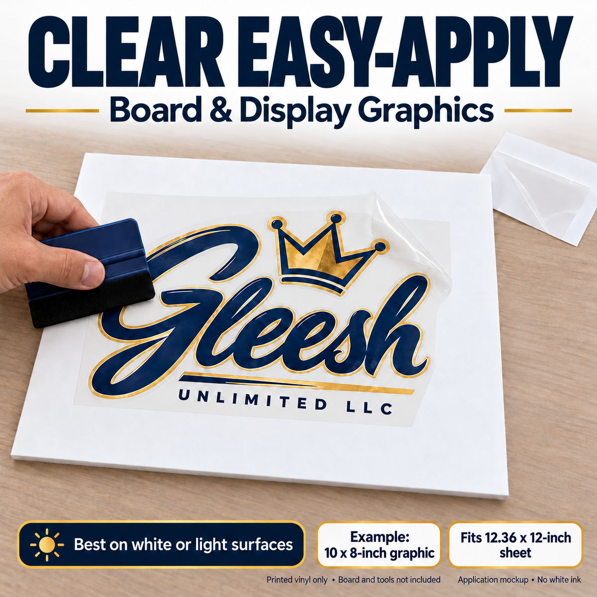 Clear easy-apply vinyl application mockup: 10 by 8-inch board graphic; fits a 12.36 by 12-inch sheet. Board and tools excluded.