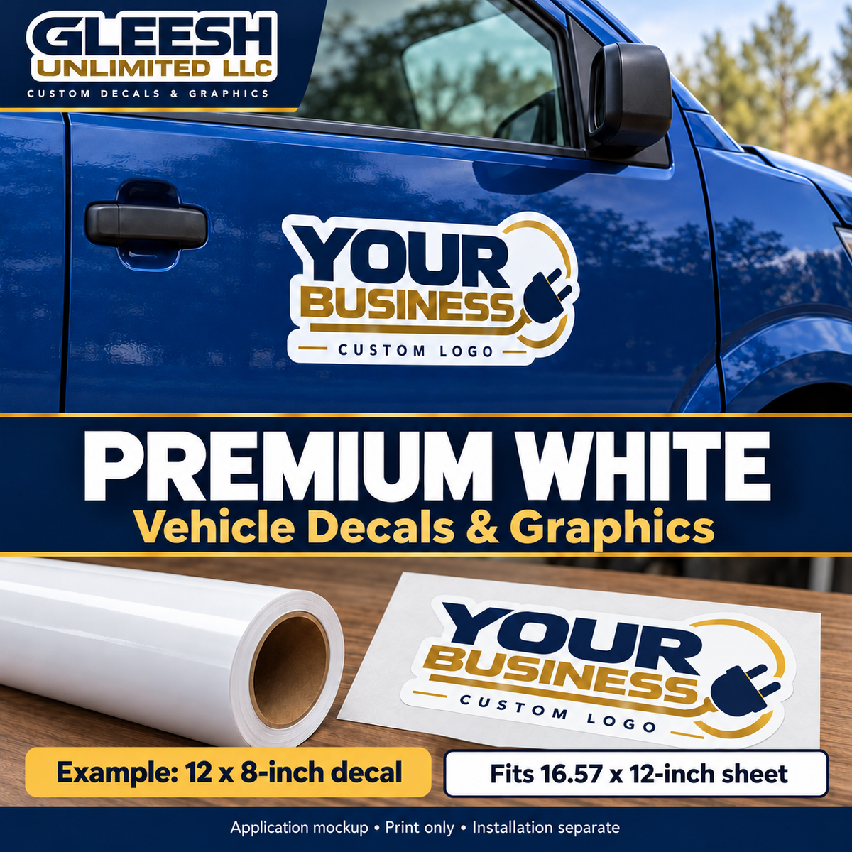 Premium white vinyl application mockup: 12 by 8-inch vehicle decal; fits a 16.57 by 12-inch sheet. Print only, installation separate.