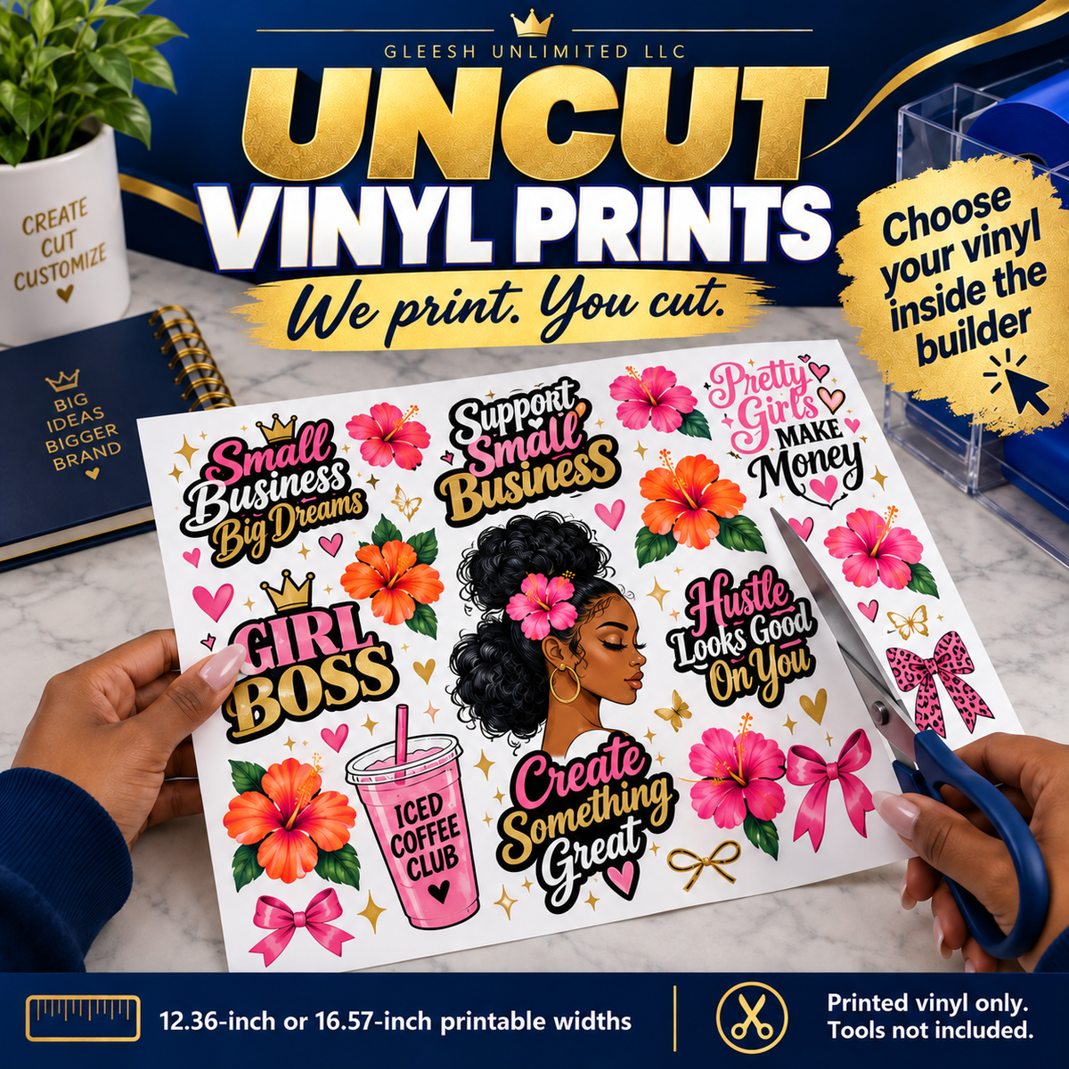 Uncut printed vinyl sheet. We print, you cut. Choose vinyl in the builder; printable widths 12.36 or 16.57 inches. Tools excluded.