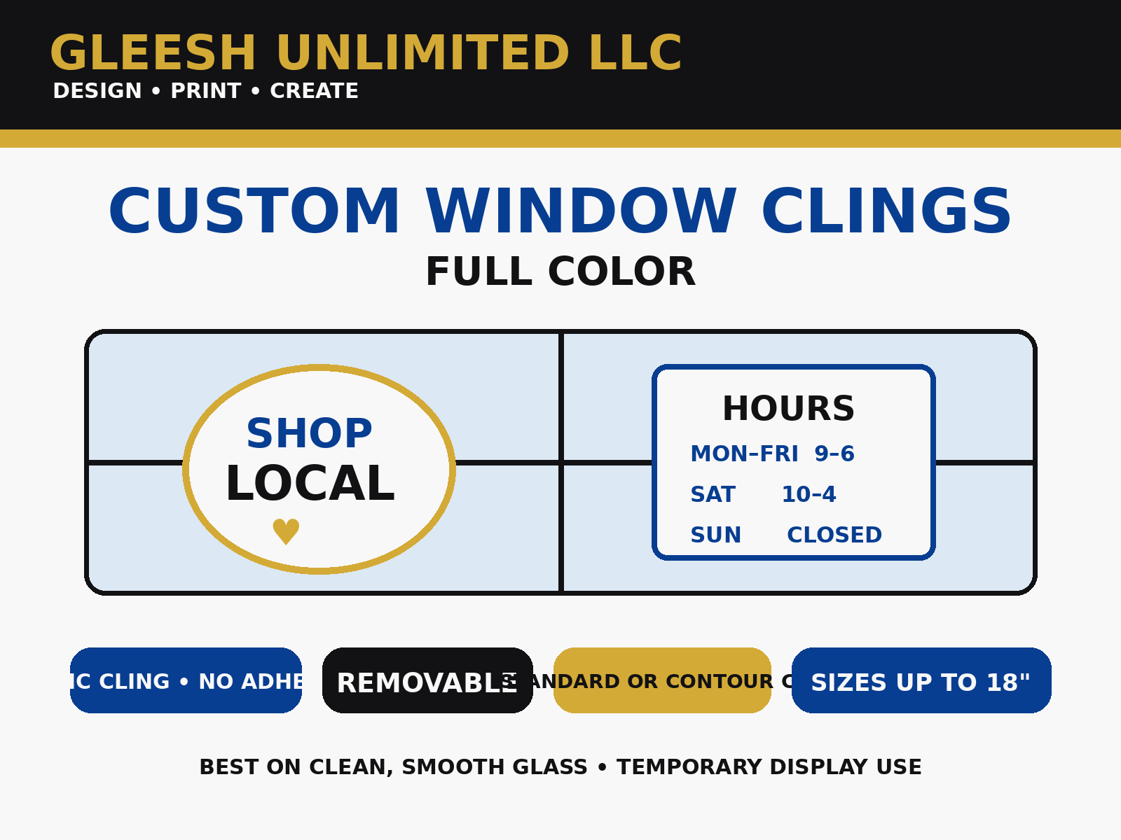 GLEESH Unlimited custom window clings full color product graphic