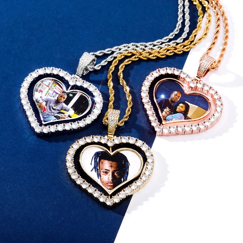 Personalized Double Sided Rotating Heart Rhinestone Memorabilia Necklace